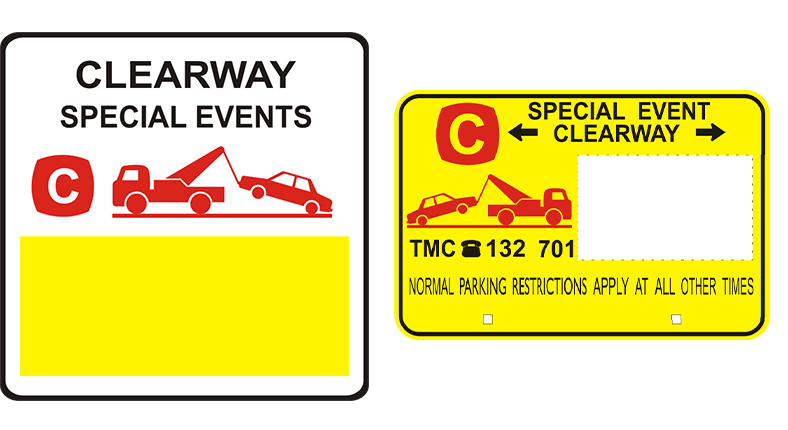 Special Event Clearway parking sign